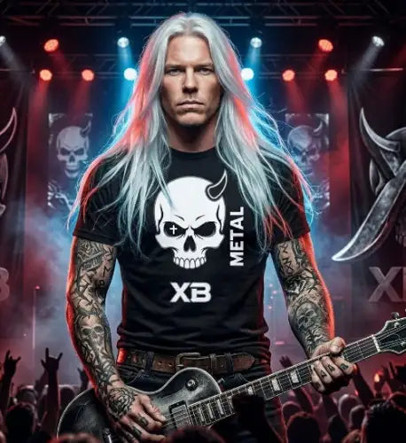 Rockstar trägt auf der Bühne ein Premium Rock T-Shirt mit hochwertigem Skull-Design.