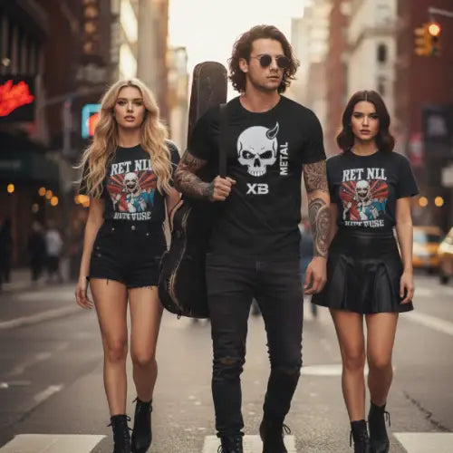 Mann auf der Strasse in Begleitung zweier Frauen trägt Premium Rock T-Shirt für Männer mit hochwertigem Skull-Design.
