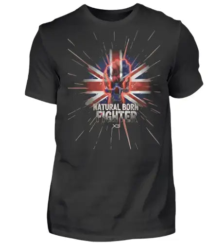 Schwarzes Premium Rock T-Shirt für Männer aus 100% gekämmter Baumwolle mit komplexem NATURAL BORN FIGHTER Design aus Öko-Tex zertifizierten Farben.