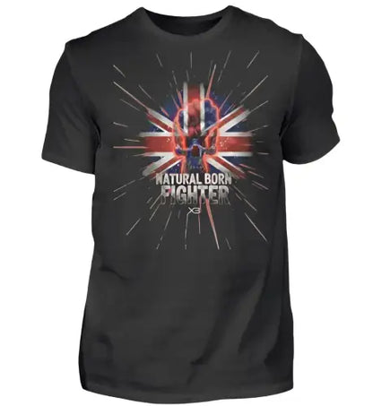 Schwarzes Premium Rock T-Shirt für Männer aus 100% gekämmter Baumwolle mit komplexem NATURAL BORN FIGHTER Design aus Öko-Tex zertifizierten Farben.