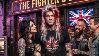 Mann mit Freunden vor einer Bar trägt Premium Rock T-Shirt aus 100% gekämmter Baumwolle mit Fight-Flaggen-Design aus Öko-Tex zertifizierten Farben.