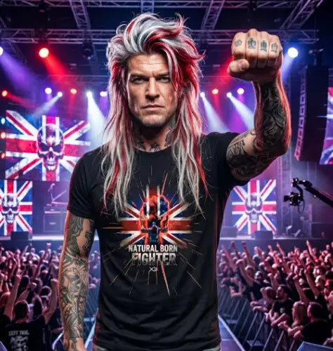 Rockstar trägt Premium Rock T-Shirt von XB mit komplexem Fight-Flaggen Design.