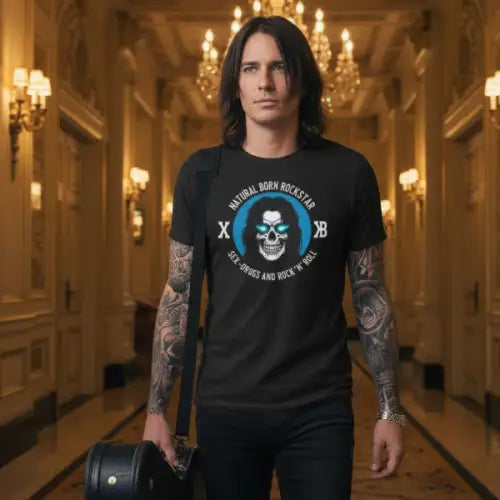 Rockstar im Hotel-Flur trägt ein Premium Rock T-Shirt für Männer mit hochwertigem Rockstar-Design.