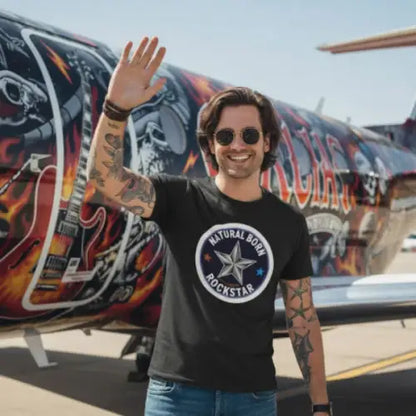 Rockstar grüßt vor Flugzeug und trägt  Premium Rock T-Shirt für Männer mit coolem Rockstar-Design.