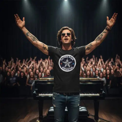 Rockstar auf Bühne hebt die Arme wie ein Sieger und trägt ein Premium Rock T-Shirt für Männer mit dem Design-NB-Rockstar.