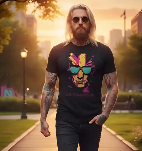 Rocker im Park trägt ein Premium Rock T-Shirt für Männer mit Union Jack-Design.