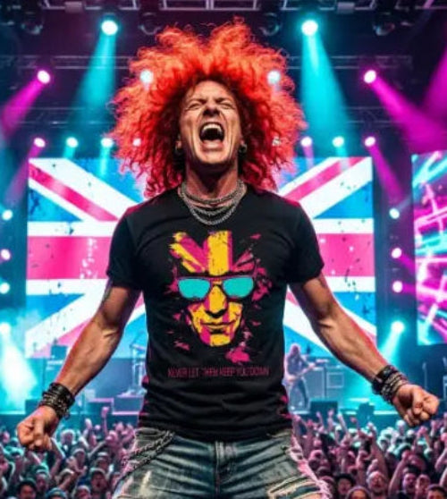 Rockstar auf Bühne trägt ein Premium Rock T-Shirt mit hochwertigem Flaggen-Design.