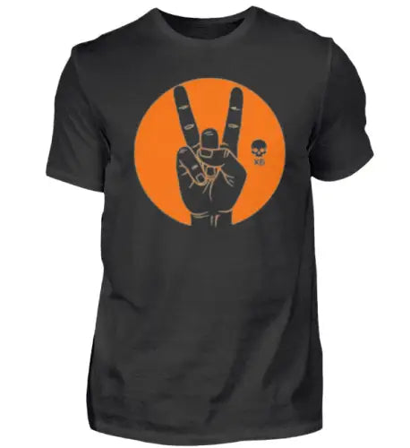 Schwarzes Premium Rock T-Shirt für Männer mit hochwertigem Druck einer Devilshorn Hand auf orangenem Kreis.