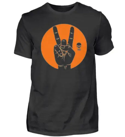 Schwarzes Premium Rock T-Shirt für Männer mit hochwertigem Druck einer Devilshorn Hand auf orangenem Kreis.