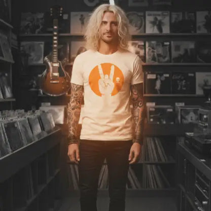 Mann in einem Plattengeschäft trägt ein  Premium Rock T-Shirt für Männer mit auffälligem Devilshorn-Hand-Design.