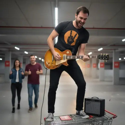 Ein Mann steht auf einem Einkaufswagen und spielt Gitarre. Er trägt ein Premium Rock T-Shirt für Männer mit auffälligem Design-The Orange.