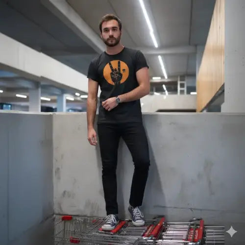 Junger Mann steht auf Einkaufswagen und trägt ein Premium Rock T-Shirt für Männer mit auffälligem Devilshorn-Design.