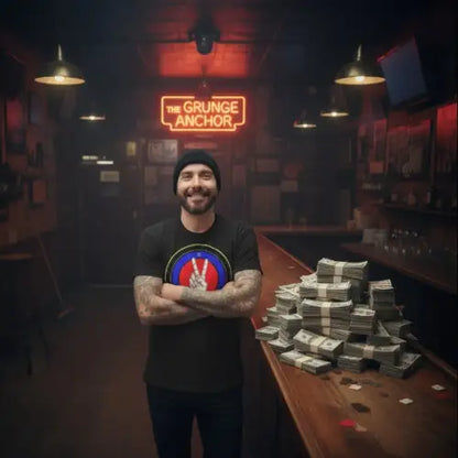 Chef einer Bar trägt ein Premium Rock T-Shirt für Männer mit Friedenssymbol.