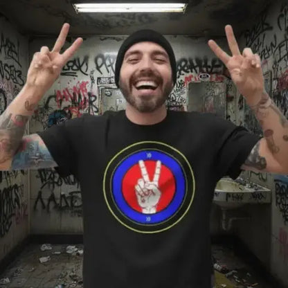 Fröhlicher Mann trägt Premium Rock T-Shirt für Männer mit Peace-Hand.