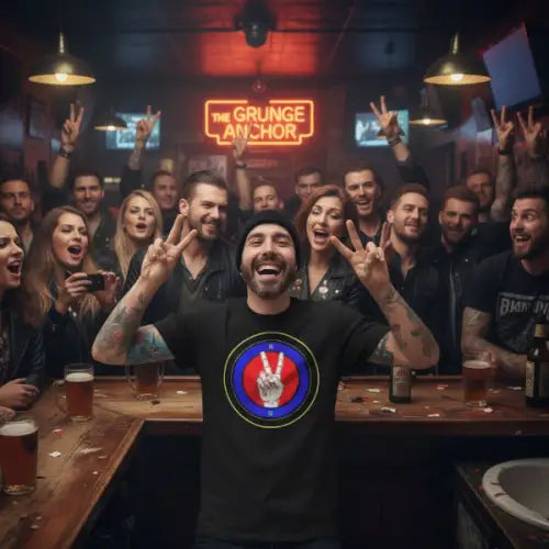 Barmann trägt Premium Rock T-Shirt für Männer mit  hochwertigem Friedenssymbol.