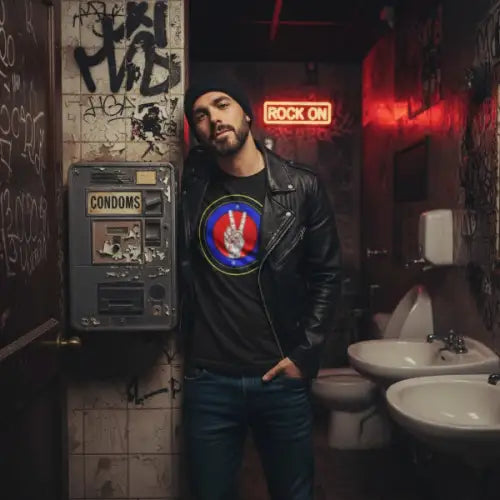 Mann trägt unter seiner Lederjacke ein Premium Rock T-Shirt für Männer mit Peace-Symbol.