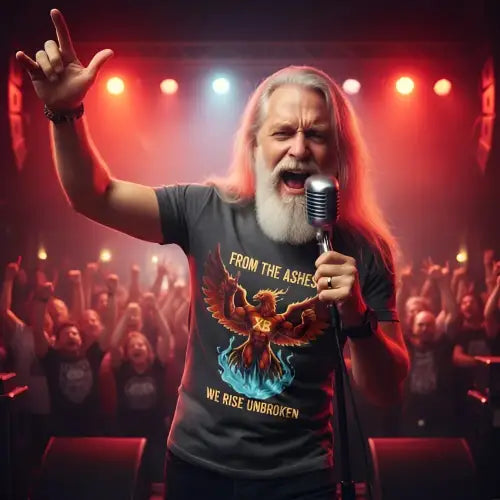 Rockstar auf Bühne trägt ein Premium Rock -Shirt für Männer mit Phoenix-Design