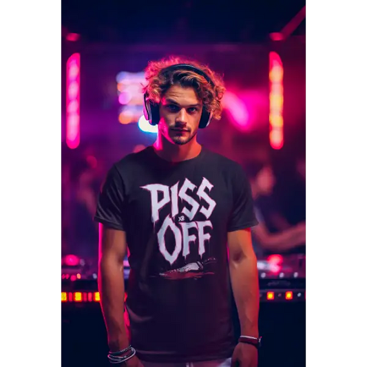 Mann in Disco trägt Rock T-Shirt für Männer mit hochwertigem Druck, Piss Off.