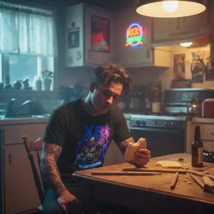 Rockstar sitzt in Küche und isst. Er trägt ein Premium Rock T-Shirt für Männer mit exklusivem Storm-Design.