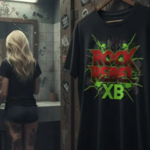 An einer Tür hängt ein Premium Rock T-Shirt für Männer mit Rock-Rebel-Design und im Hintergrund steht eine Frau vorm Spiegel.