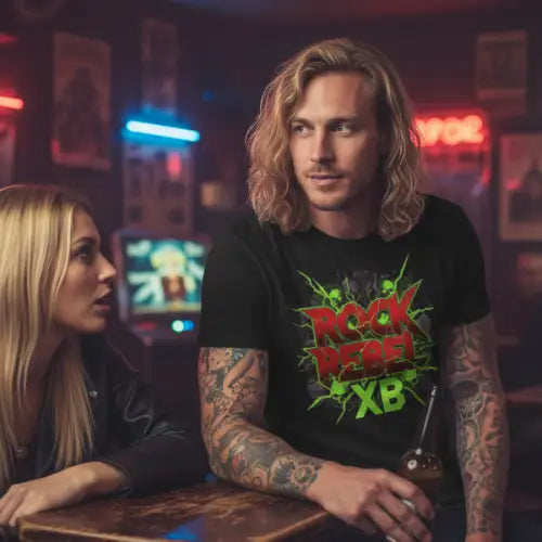 Mann an einer Bar trägt ein Premium Rock T-Shirt für Männer mit Design-XB-Rock Rebel.