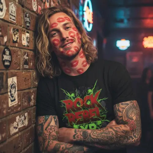 Rockstar voller Lippenstift trägt ein Premium Rock T-Shirt für Männer mit rebellischem Design.
