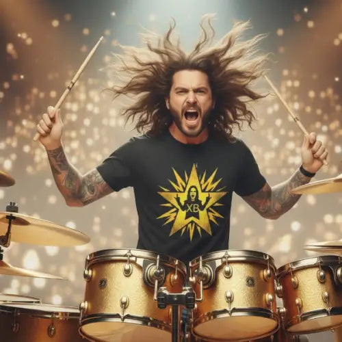 Mann spielt wild Schlagzeug und trägt ein Premium Rock T-Shirt für Männer mit Stinkefinger-Design.