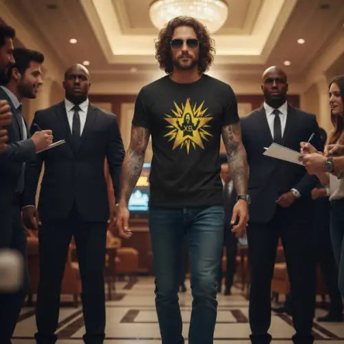 Mann in Hotel-Lobby trägt ein Premium Rock T-Shirt für Männer mit Stinke-Finger-Design.