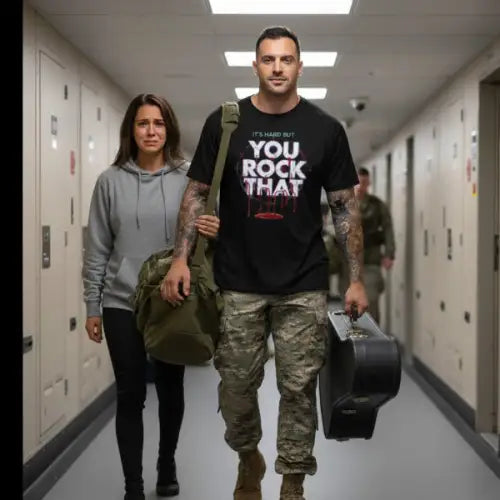 Mann mit weinender Frau geht zum Militär und trägt ein Premium Rock T-Shirt für Männer mit Design-You Rock That in hochwertigem Druck.