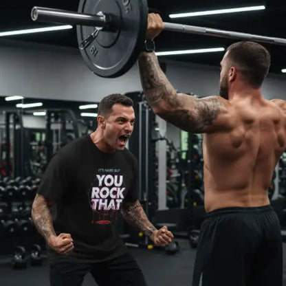 Trainer trägt  Premium Rock T-Shirt für Männer mit Design-You Rock That.