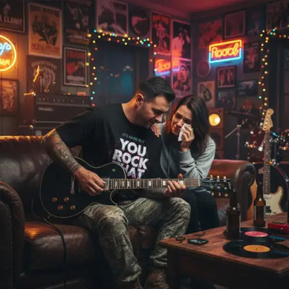 Mann spielt zum Abschied und trägt ein  Premium Rock T-Shirt für Männer mit der Aufschrift-Its Hard But You Rock That.