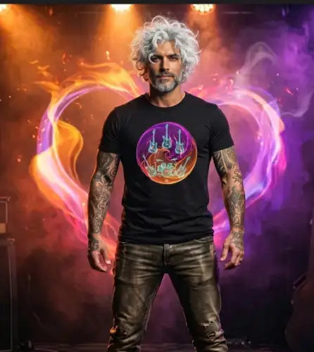Rockstar trägt ein Premium Rock T-Shirt mit Yin und Yang Design in rockigem Stil von XB.