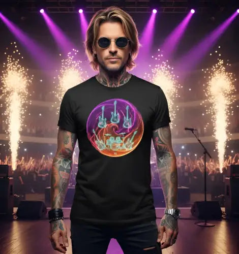 Rockstar trägt ein Premium Rock T-Shirt für Männer mit Yin-Yang-Design.
