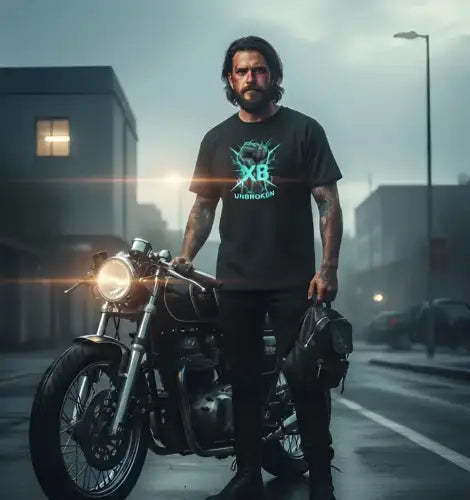 Mann vor einem Motorrad trägt ein Premium Rock T-Shirt für Männer mit XB-Faust-Unbroken-Design.
