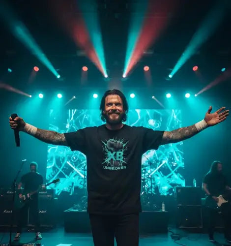 Rockstar mit offenen Armen trägt ein Premium Rock T-Shirt für Männer mit XB-UNBROKEN-Design.