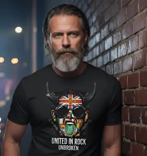 Älterer cooler Typ trägt ein Premium Rock T-Shirt für Männer mit UNITED IN ROCK-Design.