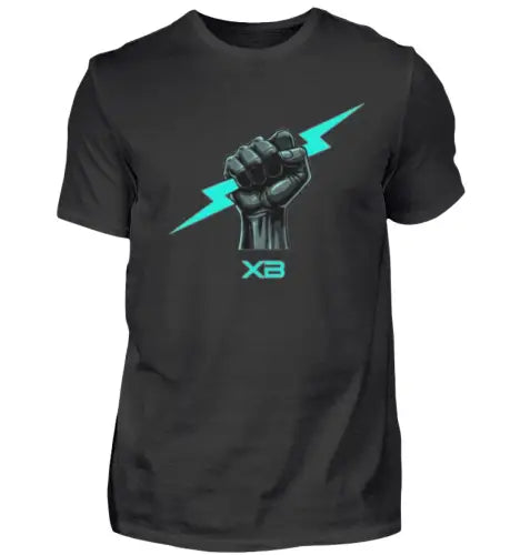 Schwarzes Premium Rock T-Shirt für Männer aus 100% gekämmter Baumwolle mit komplexem Blitz-Faust-Design aus Öko-Tex zertifizierten Farben.