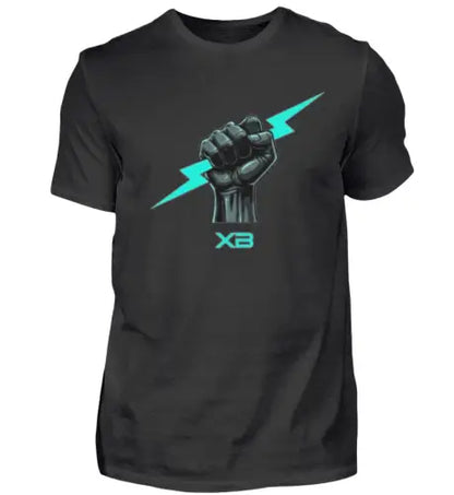 Schwarzes Premium Rock T-Shirt für Männer aus 100% gekämmter Baumwolle mit komplexem Blitz-Faust-Design aus Öko-Tex zertifizierten Farben.