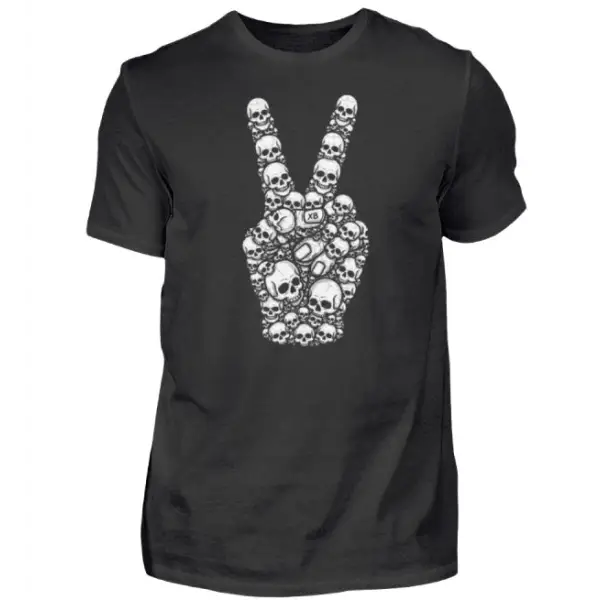 Rock T-Shirt für Männer mit hochwertigem Design einer Hand aus Totenköpfen, die das Friedens-Symbol formt.