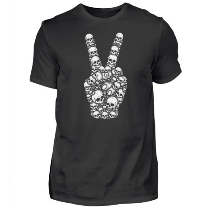 Rock T-Shirt für Männer mit hochwertigem Design einer Hand aus Totenköpfen, die das Friedens-Symbol formt.