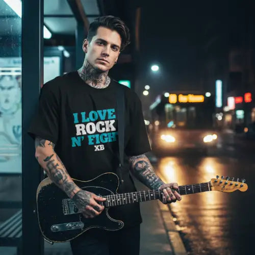 Mann mit Gitarre an Bus-Haltestelle trägt ein Premium Rock T-Shirt für Männer mit I Love Rock N Fight-Design.