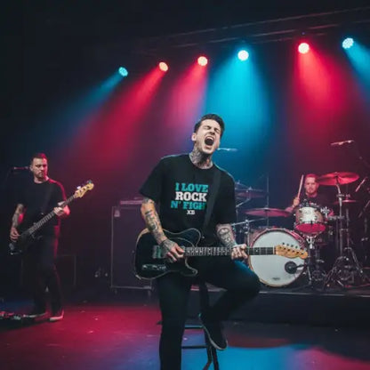 Rockstar auf Bühne trägt ein Premium Rock T-Shirt für Männer mit hochwertigem Schriftzug-I Love Rock N" Fight.