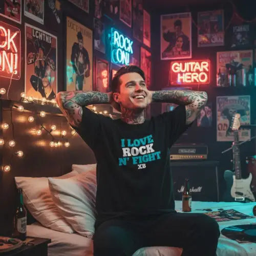 Mann sitzt zufrieden auf seinem Bett und trägt ein Premium Rock T-Shirt für Männer mit hochwertigem Design-Druck-I Love Rock N Fight.