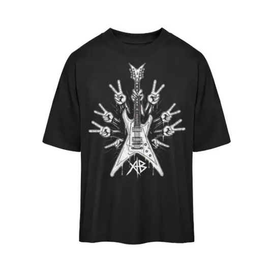 Rock T-Shirt, Heavy Metal T-Shirt. Das Unisex Oversized T-Shirt hat einen lockeren bequemen Schnitt und zeigt einen hochwertigen Druck in weiß, einer Gitarre mit 6 Händen die das Friedenssymbol formen.