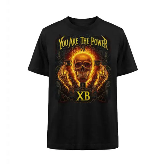 Rock T-Shirt für Männer und Frauen in Oversized-Schnitt. Das Unisex Bio -Shirt hat einen hochwertigen Druck eines leuchtenden Totenkopfes mit nach oben gestreckten Händen und dem Wortlaut you are the power.