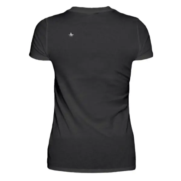 Rücken-Ansicht,Rock T-Shirt für Frauen.Das schwarze Damen Premium T-Shirt hat einen kleinen silberfarbenen Stern auf dem linken Schulter-Rücken-Bereich.Das schwarze Damen T-Shirt hat einen leicht taillierten Schnitt.