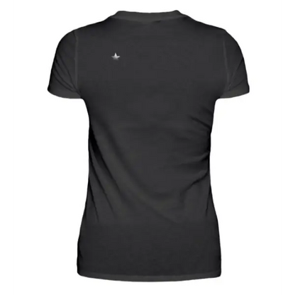 Rücken-Ansicht,Rock T-Shirt für Frauen.Das schwarze Damen Premium T-Shirt hat einen kleinen silberfarbenen Stern auf dem linken Schulter-Rücken-Bereich.Das schwarze Damen T-Shirt hat einen leicht taillierten Schnitt.