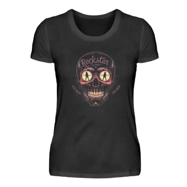 Frontal-Ansicht,Rock T-Shirt für Frauen.Das Rockstar T-Shirt für Frauen hat einen Digital-Druck.Ein Totenkopf mit Frauen die in den leuchtenden Augen des Totenkopfes stehen und wie ein Rockstar singen.Das Heavy Metal T-Shirt für Frauen hat einen leiht taillierten Schnitt.
