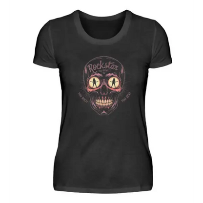 Frontal-Ansicht,Rock T-Shirt für Frauen.Das Rockstar T-Shirt für Frauen hat einen Digital-Druck.Ein Totenkopf mit Frauen die in den leuchtenden Augen des Totenkopfes stehen und wie ein Rockstar singen.Das Heavy Metal T-Shirt für Frauen hat einen leiht taillierten Schnitt.