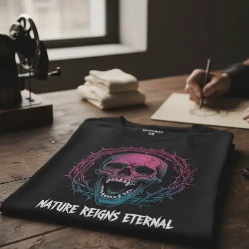 Schwarzes T-Shirt mit farbenfrohem Totenkopf-Design und Text „Natur herrscht ewig“.